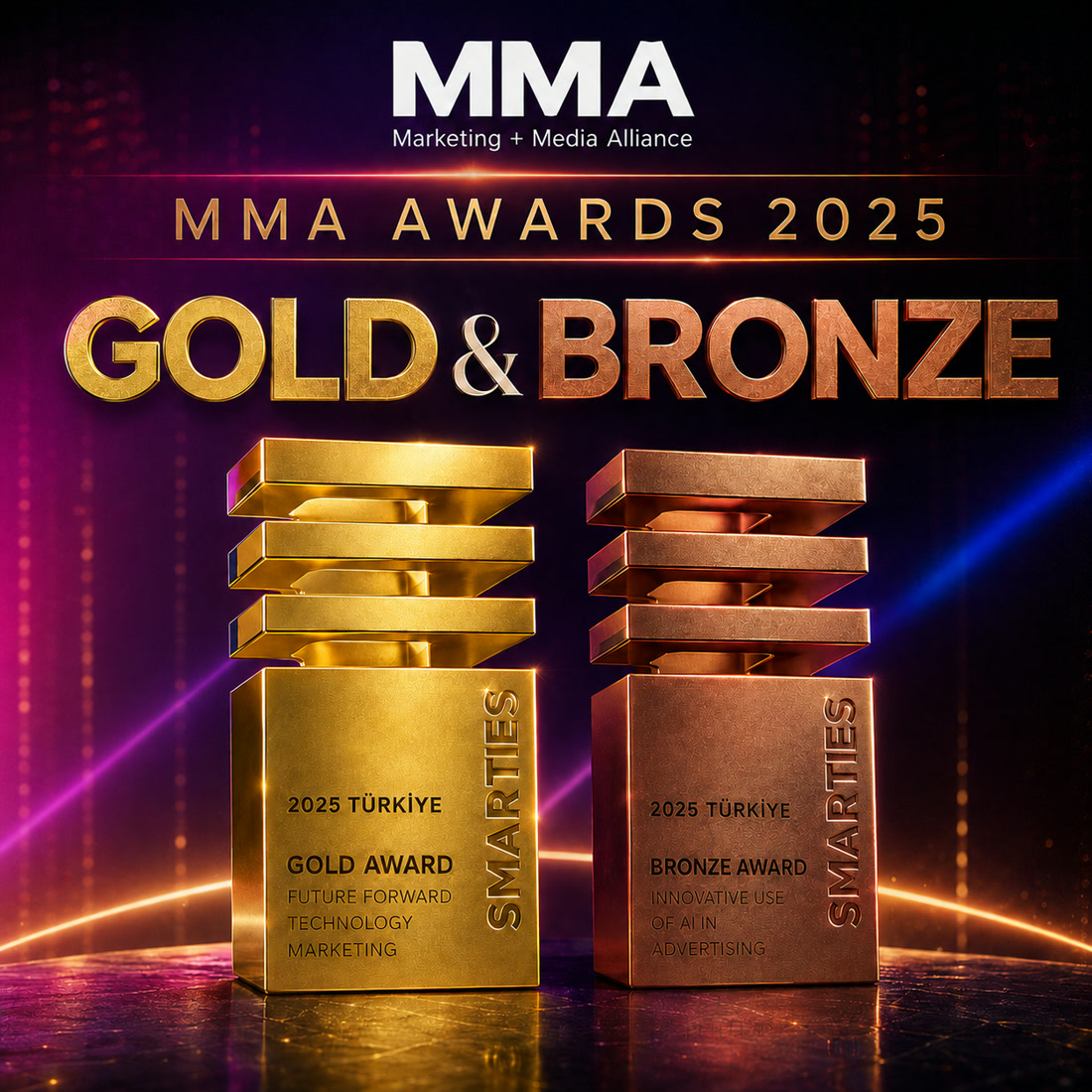 MMA Awards 2025 — Gold and Bronze SMARTIES trophies for Lenovo Yoga Aura Edition × Alara X