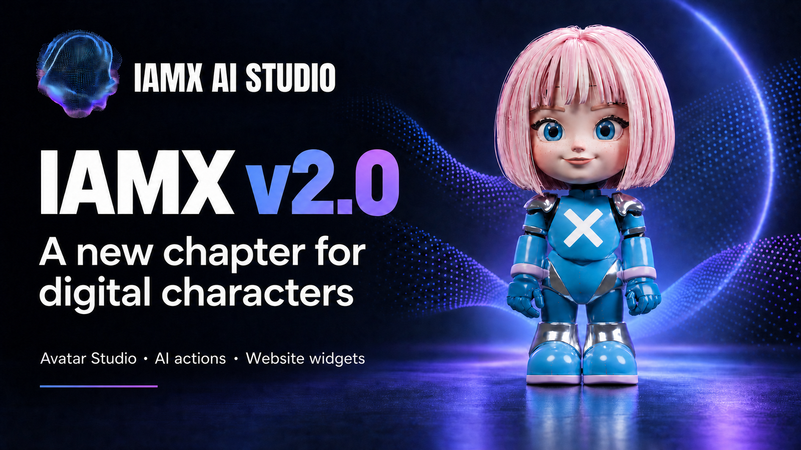 IAMX v2.0 release cover with Deniz standing in an idle pose, a bold white X on her blue chest plate.