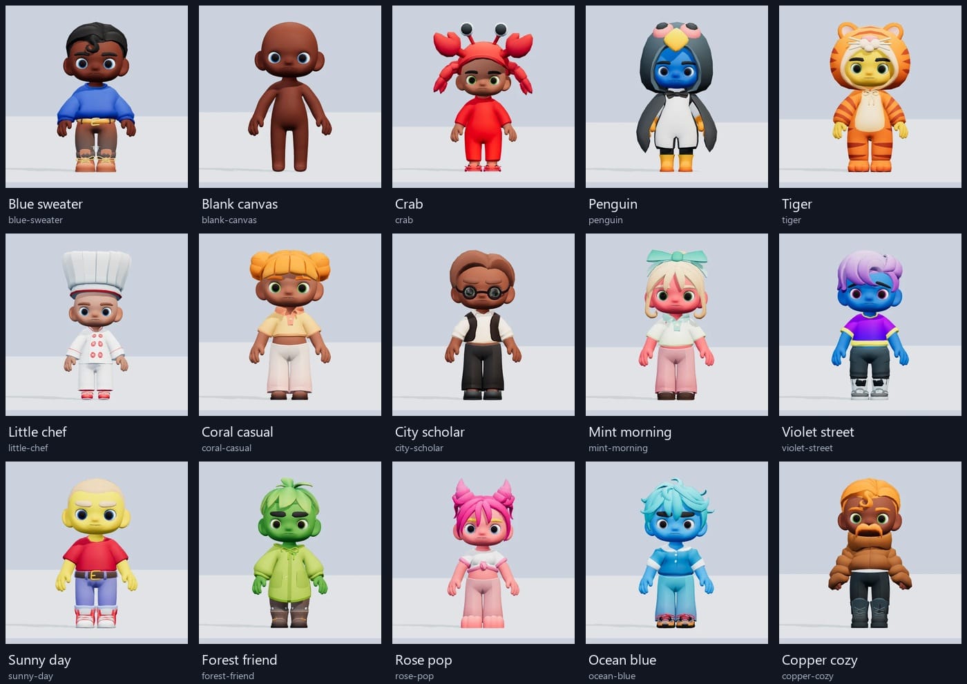 The 15 IAMX character presets, including everyday looks, Crab, Penguin, Tiger, Little chef and Blank canvas.