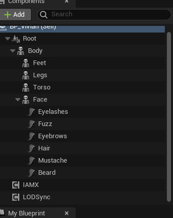The actor's component tree with the IAMX component added below the character's body and face meshes