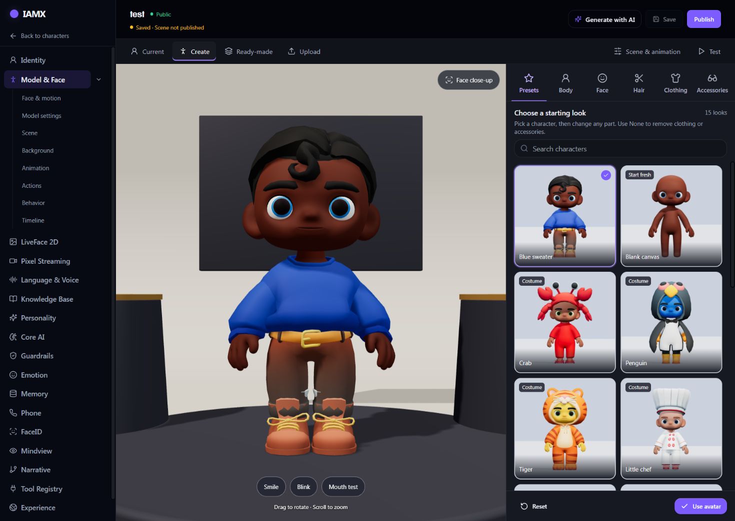 Modular avatar creator with Presets, Body, Face, Hair, Clothing and Accessories categories
