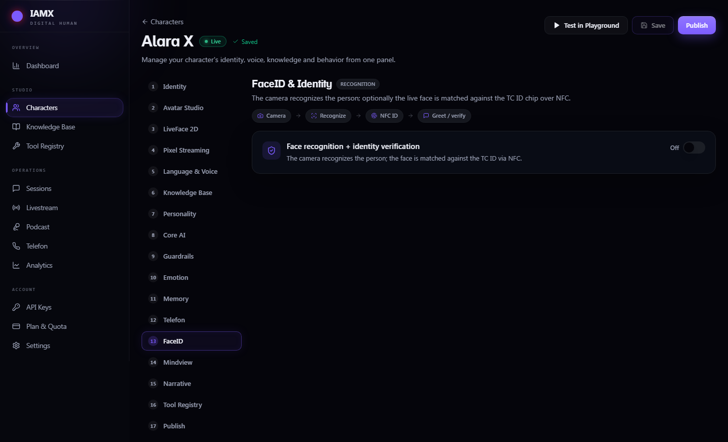 FaceID tab with the master switch, server settings, matching thresholds, behaviour switches and the greeting script fields