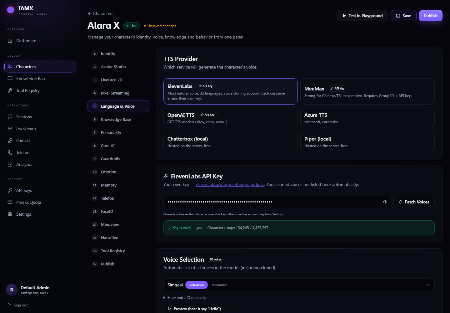 Language and Voice tab with provider cards, voice list and prosody sliders